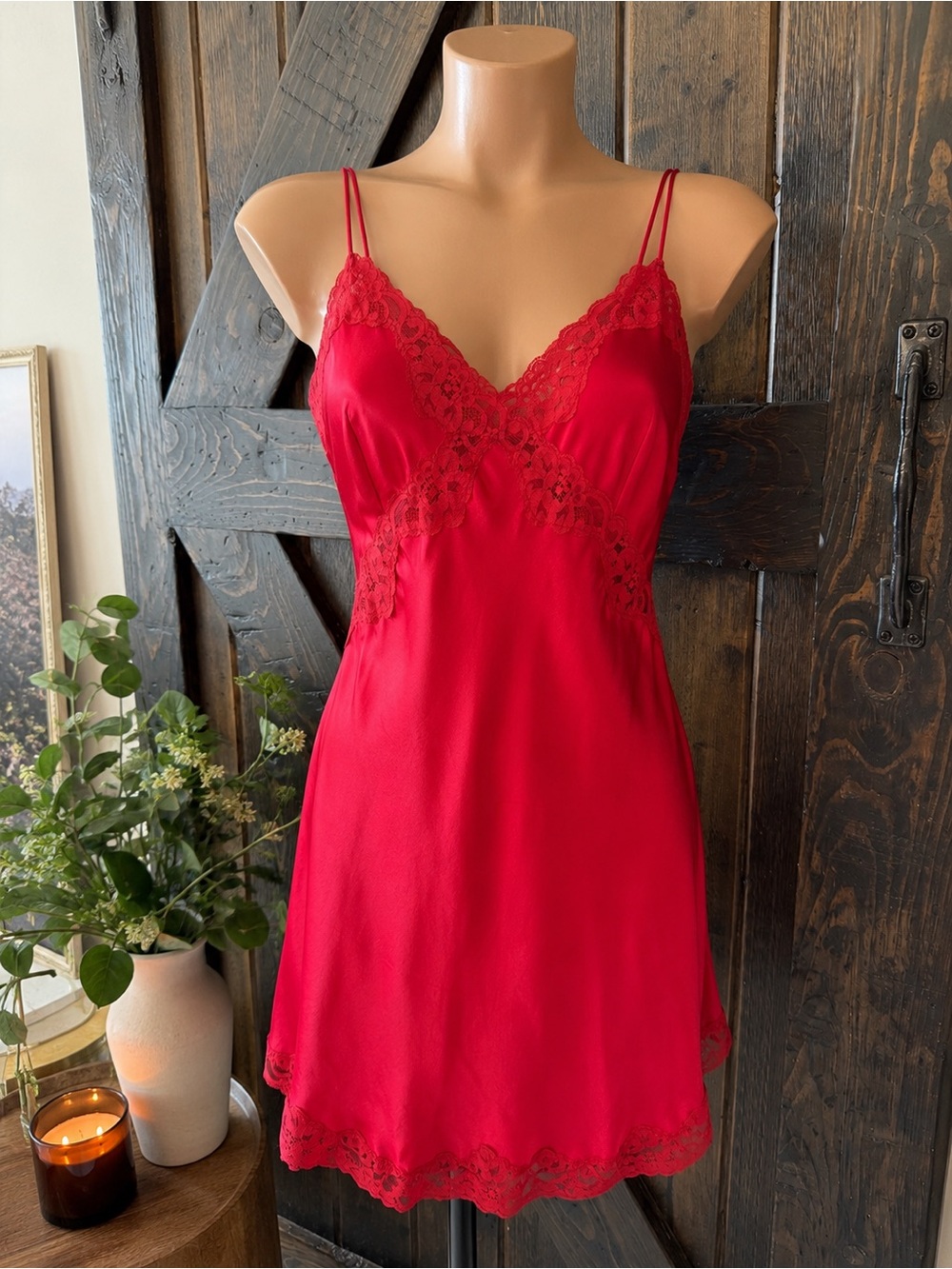 Mary Green 100% Silk Lace Chemise Slip Nightgown Red L Luxury Lingerie Sleep